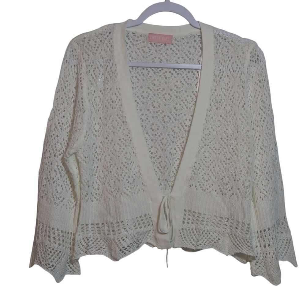 Sweet Kizz Y2K Cream Knit Sweater Cardigan Topper Cottage Core Simple Boho Sz L